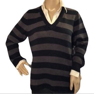 Vintage Rafaella Black and Gray Striped Sweater Faux Shirt Collar Sleeves Medium